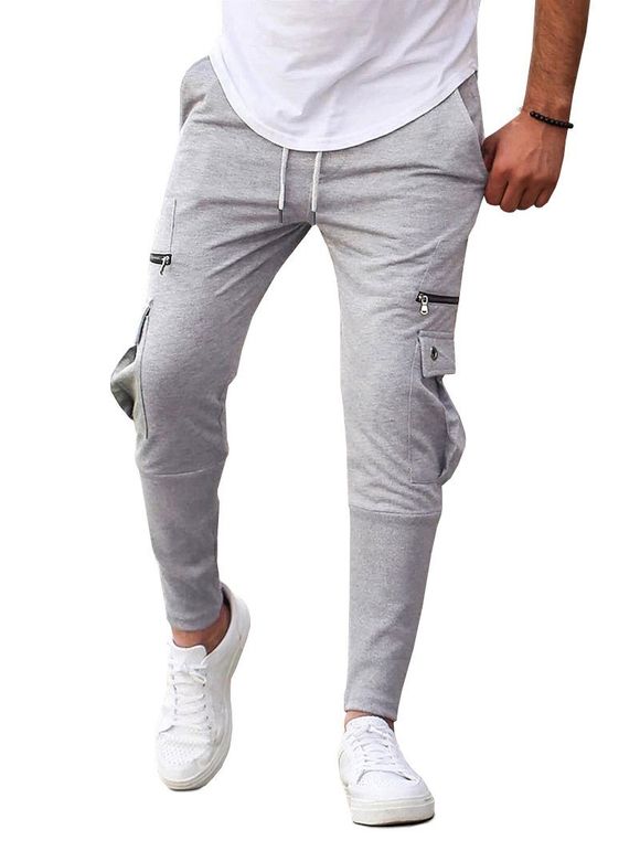 Pantalon de Survêtement Décontracté Simple avec Poches à Rabat - Gris XL