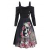 Mini Robe Ligne A Gothique à Epaule Dénudée Motif de Crâne Fleurie - Noir M