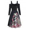 Floral Skull Pattern Open Shoulder Gothic Mini A Line Dress - BLACK XL