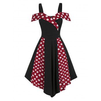 

Open Shoulder Contrast Polka Dot Print High Waist Vintage Dress, Red wine