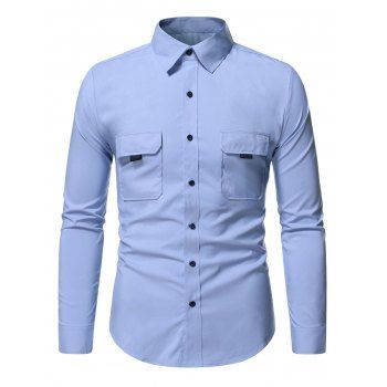 

Dual Flap Pockets Button Up Plain Shirt, Blue gray