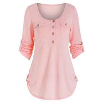 

Round Collar Buttons Roll Up Sleeve T-shirt, Sakura pink
