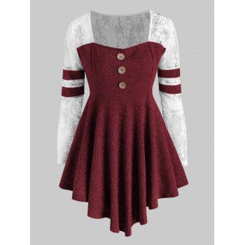 

Lace Panel Heathered Ribbed Button Front Plus Size Top, Red