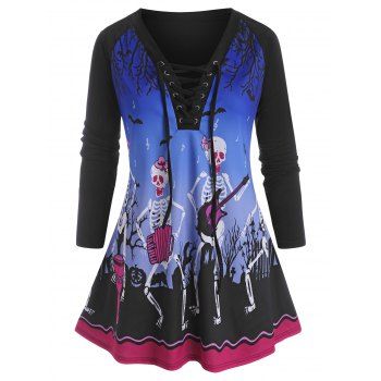 

Plus Size Skeleton Bat Print Lace-up Halloween Long Sleeve Top, Black