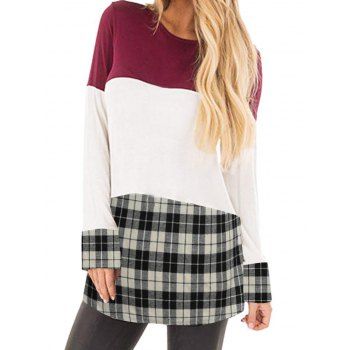 

Colorblock Mix Plaid Tunic Top, Deep red