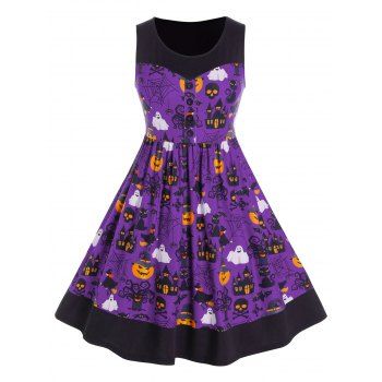 

Plus Size Halloween Pumpkin Print A Line Dress, Purple amethyst