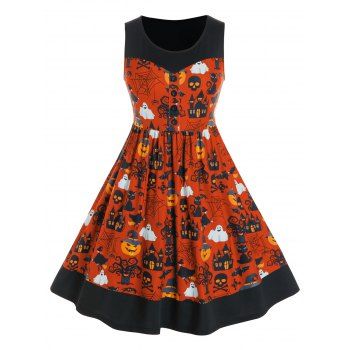 

Plus Size Halloween Pumpkin Print A Line Dress, Halloween orange