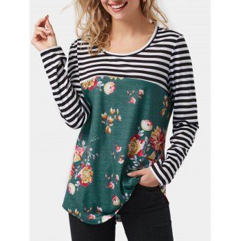 

Lace Panel Striped Mix Floral Top, Deep green