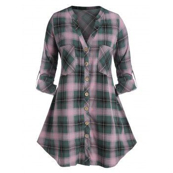 

Plus Size Plaid Dual Pocket Rolled Up Sleeve Tunic Blouse, Greenish blue