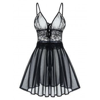 Sexy Lace Up See Through Lace and Mesh Babydoll Dress dresslily imagine noua 2022