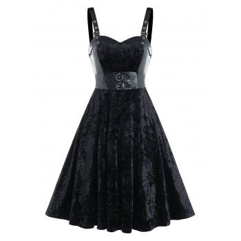 

Buckle Strap Velvet Fabric Lace-up Sleeveless Dress, Black
