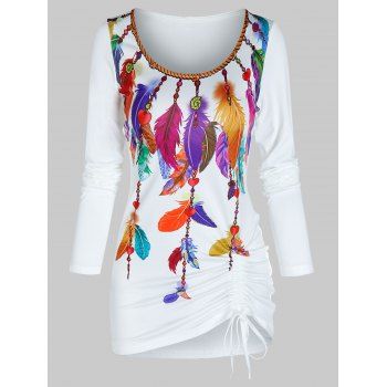 

Colorful Feather Print Cinched Scoop Neck T Shirt, White