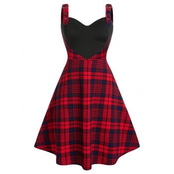 

Plus Size Plaid Eyelet Buckle A Line Dress, Lava red