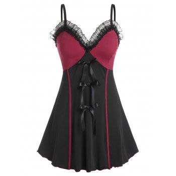 Image of Plus Size Bicolor Bowknot Lace Trim Lingerie Dress