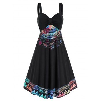 

Colorful Printed Ruched Cami A Line Dress, Multicolor a