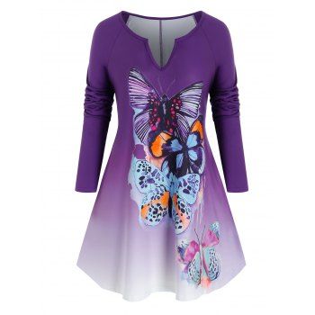 

Plus Size Butterfly Ombre Long Sleeve V Notch Tee, Purple iris