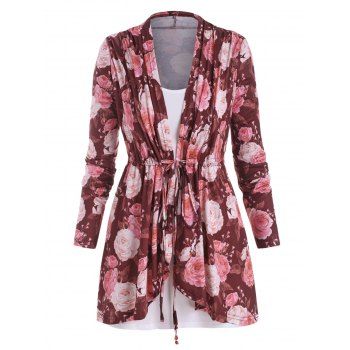 

Plus Size Floral Print Drawstring Top and Camisole Set, Deep red