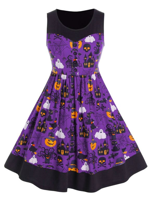 Robe d'Halloween Citrouille Imprimée Ligne A de Grande Taille - Violet Améthyste 1X