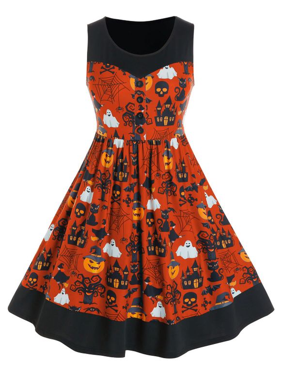 Robe d'Halloween Citrouille Imprimée Ligne A de Grande Taille - Orange Halloween 1X