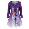 T-shirt Ombré Papillon à Col en V Manches Longues Grande Taille - Iris Pourpre 5X
