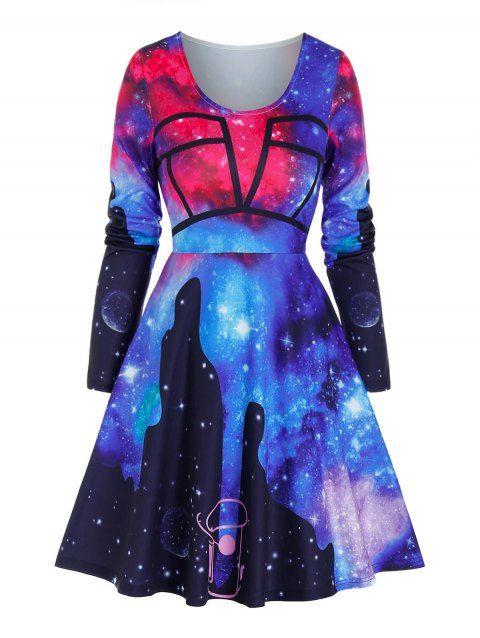 Robe Evasée à Imprimé Galaxie à Manches Longues