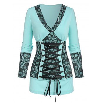 

Halloween Skull Lace Panel Lace-up Long Sleeve T-shirt, Light slate