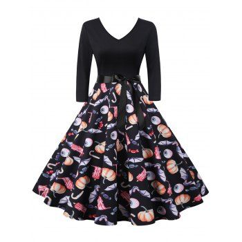 

Halloween Pumpkin V Neck Belted Dress, Multicolor c