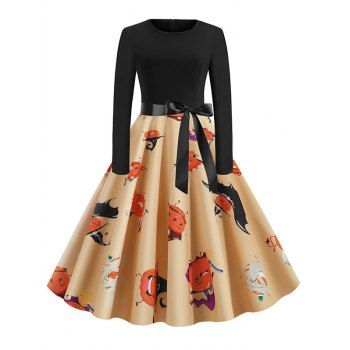 

Halloween Pumpkin Belted Long Sleeve Dress, Light coffee