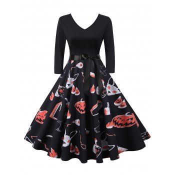 

Halloween Pumpkin Flame Spider Web Print Belted Dress, Black
