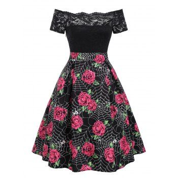 

Halloween Spider Web Rose Print Lace Insert Dress, Black