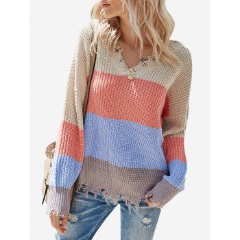 

Colorblock V Neck Distressed Sweater, Multicolor