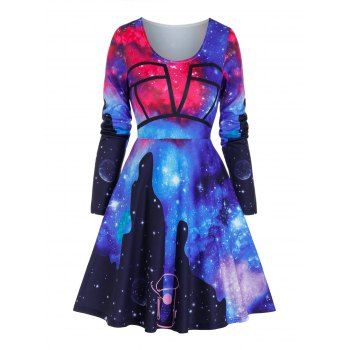 

Galaxy Print Long Sleeve Flare Dress, Multicolor a