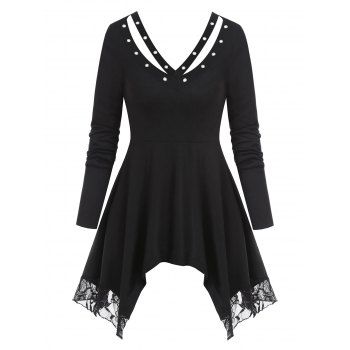 

Grommet Cutout Lace Insert Handkerchief T-shirt, Black