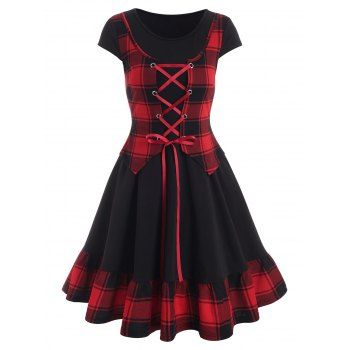 

Plaid Print Lace-up Twofer Dress, Black