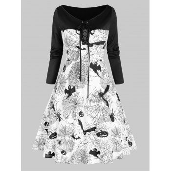 

Halloween Pumpkin Bat Spider Web Print Lace-up Dress, White