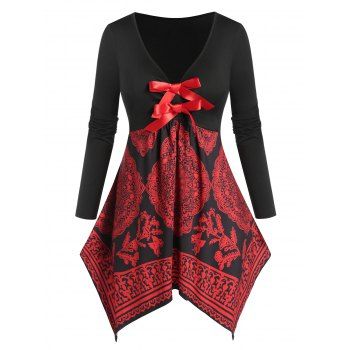 

Plus Size Bandana Print Bowknot Hanky Hem Tunic Tee, Black