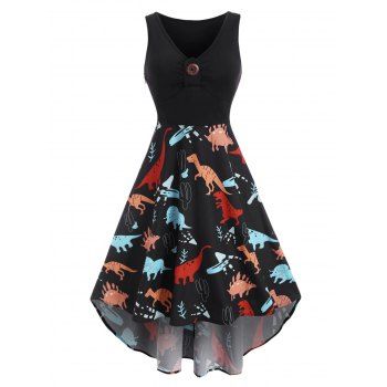 

Dinosaur Print V Neck Sleeveless High Low Dress, Black