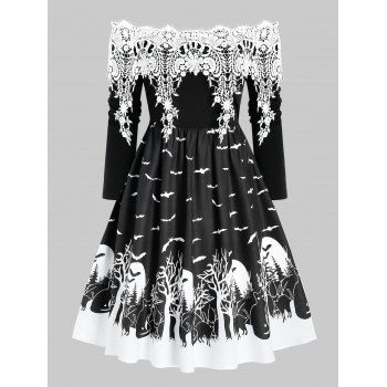 

Exposed Shoulder Bat Print Lace Insert Gothic A Line Dress, Black