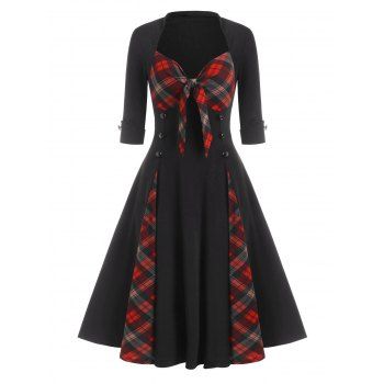 

Plaid Print Mock Button Bowknot Detail Vintage Dress, Black