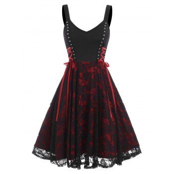 

Lace Up Studded Cami Lace Dress, Black