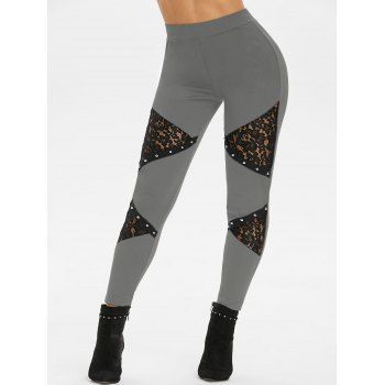 

Studded Flower Lace High Waisted Pants, Gray