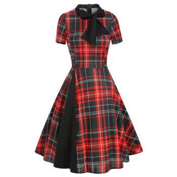 

Plaid Bow Tie Vintage Midi Dress, Red