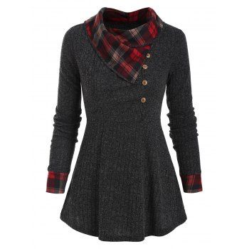 

Plaid Insert Mock Button Knitwear, Dark gray