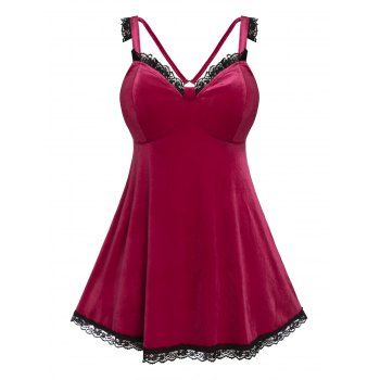 Image of Plus Size Velvet Lace Insert Backless Lingerie Dress Set