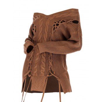 

V Neck Lace Up Cable Knit Sweater, Coffee