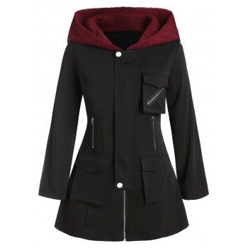 

Plus Size Hooded Pockets Cargo Coat, Black