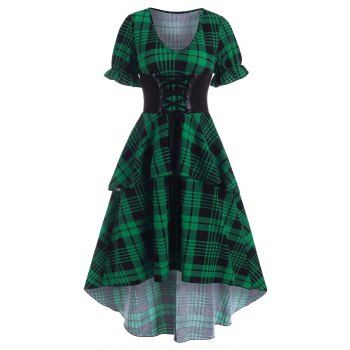 

Vintage Plaid Corset Style Lace Up Layered High Low Dress, Deep green