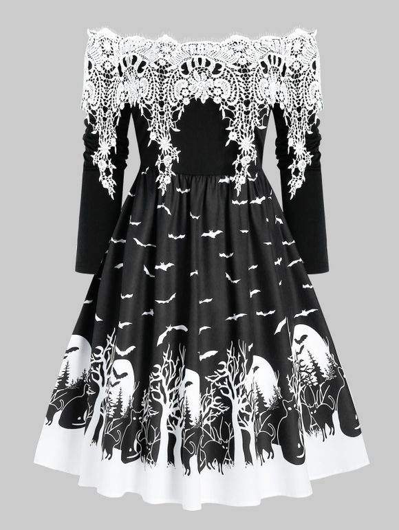 Exposed Shoulder Bat Print Lace Insert Gothic A Line Dress - BLACK M