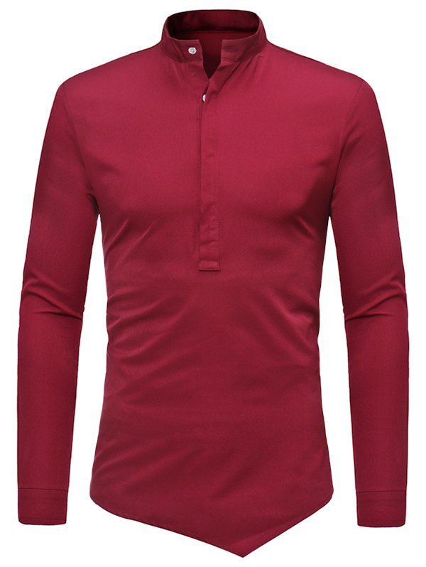 Half Button Asymmetrical Plain Shirt - RED M