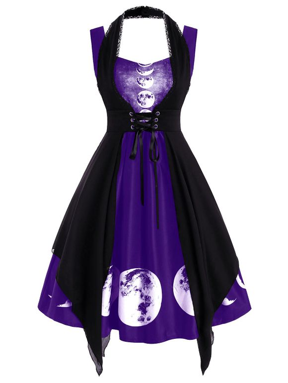 Robe Imprimée Éclipses de Lune avec Corset en Dentelle Insérée - Violet Terne S
